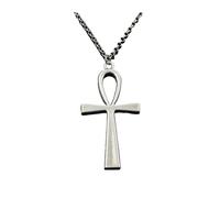 Woman with simple, classique, crossed Egyptian Anka life symbol antique silver pendant, short and long chain necklace jewelry, One Size, 40 cm_Round chain, agate