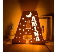 WOMB LED personnalisé prénom,Lettre Lumineuse,Lettres Lumières Personnalisés Prenom Alphabet Lumineux Lampe LED en Bois Gravé Mur (28cm-A,Warm Light)