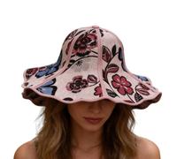 Women 2 In 1 Hand Fan Sun Hat Foldable Floral Printed Linen UV Beach Cap