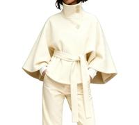 Women Batwing Sleeve Ponchos Pea Coat Wool Bland Stand Collar Jacket Autumn And Winter Fashion Solid Color Cloak Cropped Overcoat(Beige,2XL)