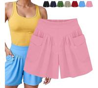 Women Beach Casual Hot Short with Elastic Waistband, Comfy Loose Solid Color High Waisted Shorts with Pockets (Pink,3TG)