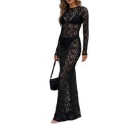 Women Bodycon Lace Maxi Dress Sheer Long Sleeve Pull on Design (Black,S)