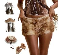 Women Brown Deer Print Faux Fur Shorts,Y2K Casual Fuzzy Animal Print Shorts,Winter Sexy Deer Prints Fuzzy Cap Set Accessories (M)