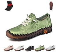 Women Casual Slip on Flat Loafers,Non-Slip Beef Tendon Orthotic WalkShoe,Leather Trainers Womens,Comfy Breathable(Green,35 EU)