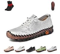 Women Casual Slip on Flat Loafers,Non-Slip Beef Tendon Orthotic WalkShoe,Leather Trainers Womens,Comfy Breathable(Grey,37 EU)
