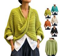 Women Chunky Knit Crossover Wrap Pullover Batwing Sleeve V-Neck Top | Women Oversized Crossover Wrap Pullover Sweater,Boho 3/4 Sleeve Deep V Neck Loose Fit Knit Top,for Autumn Winter Daily Outfit