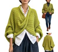 Women Chunky Knit Crossover Wrap Pullover Batwing Sleeve Vneck Boho Sweater | Women's Chunky Knit Crossover Wrap Pullover Sweater,Oversized Batwing Sleeve Deep V Neck Boho Tops,Fall Winter Poncho Wrap