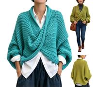 Women Chunky Knit Crossover Wrap Pullover Batwing Sleeve Vneck Boho Sweater | Women's Chunky Knit Crossover Wrap Pullover Sweater,Oversized Batwing Sleeve Deep V Neck Boho Tops,Fall Winter Poncho Wrap
