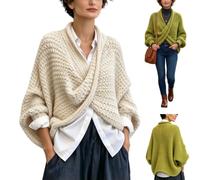 Women Chunky Knit Crossover Wrap Pullover Batwing Sleeve Vneck Boho Sweater | Women's Chunky Knit Crossover Wrap Pullover Sweater,Oversized Batwing Sleeve Deep V Neck Boho Tops,Fall Winter Poncho Wrap