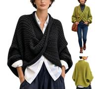 Women Chunky Knit Crossover Wrap Pullover Batwing Sleeve Vneck Boho Sweater | Women's Chunky Knit Crossover Wrap Pullover Sweater,Oversized Batwing Sleeve Deep V Neck Boho Tops,Fall Winter Poncho Wrap