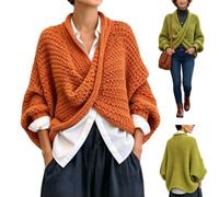 Women Chunky Knit Crossover Wrap Pullover Batwing Sleeve Vneck Boho Sweater | Women's Chunky Knit Crossover Wrap Pullover Sweater,Oversized Batwing Sleeve Deep V Neck Boho Tops,Fall Winter Poncho Wrap