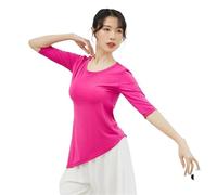 Women Classical Dance Latin Solid Color Modern Exercise Clothe Tops Practice Wear Ballroom Clothes Elegant Competition Top(Rose Red Mid-Sleeve,XXXL)