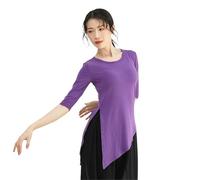 Women Classical Dance Latin Solid Color Modern Exercise Clothe Tops Practice Wear Ballroom Clothes Elegant Competition Top(Purple Mid-Sleeve,L)