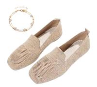 Women Comfortable Arch Support Non-Slip Flat Shoes, Plus Size Womens Lightweight Breathable Knit Square Toe Flats, Ladies Comfort Slip Ons Orthopaedic Walking Shoes (Beige,41)