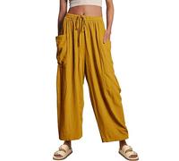 Women Cotton Linen Trousers Wide Leg Elastic Waist Bottoms Solid Color Loose Fit Casual Palazzo Pants Plus Size Trendy Everyday Pants B-123