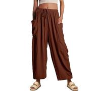 Women Cotton Linen Trousers Wide Leg Elastic Waist Bottoms Solid Color Loose Fit Casual Palazzo Pants Plus Size Trendy Everyday Pants B-123