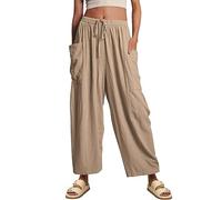 Women Cotton Linen Trousers Wide Leg Elastic Waist Bottoms Solid Color Loose Fit Casual Palazzo Pants Plus Size Trendy Everyday Pants B-123