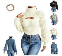 Women Cutout Chunky Turtleneck Sweater,Openwork Puff Sleeves Pullover | Fall Casual Knit Cut Out Pullover,Chest Keyhole Detail,Ribbed Cable Pattern Texture,Soft Cozy Warm for Fall Winter Layering