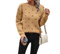 Women Dot Jacquard Sweater Crew Neck Long Sleeve Knit Pullover Casual Top (Brown,TG)