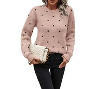 Women Dot Jacquard Sweater Crew Neck Long Sleeve Knit Pullover Casual Top (Pink,TG)