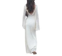Women Elegant Long Knit Dress Solid Color Hollow-Out Deep V-Neck Long Sleeve Bodycon Dress Fall Backless Holiday Dress, Blanc., S