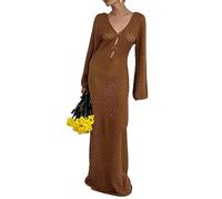 Women Elegant Long Knit Dress Solid Color Hollow-Out Deep V-Neck Long Sleeve Bodycon Fall Backless Holiday Dress, café, M