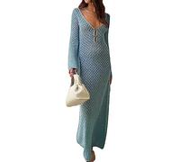 Women Elegant Long Knit Dress Solid Color Hollow-Out Deep V-Neck Long Sleeve Bodycon Fall Backless Holiday Dress, bleu clair, L