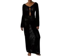 Women Elegant Long Knit Dress Solid Color Hollow-Out Deep V-Neck Long Sleeve Bodycon Fall Backless Holiday Dress, Noir, S
