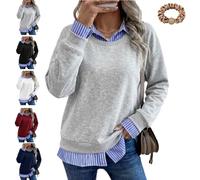 Women Fake Two Piece Sweatshirt, Striped Patchwork Collared Pullover Tops | Oversized Long Sleeve Pullover with Striped Collar Cuffs and Hem, 2 in 1 Layered Casual Sweatshirt,Business Casual Outfits
