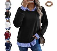Women Fake Two Piece Sweatshirt, Striped Patchwork Collared Pullover Tops | Oversized Long Sleeve Pullover with Striped Collar Cuffs and Hem, 2 in 1 Layered Casual Sweatshirt,Business Casual Outfits