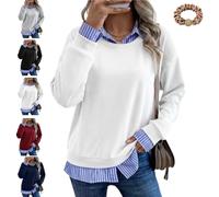 Women Fake Two Piece Sweatshirt, Striped Patchwork Collared Pullover Tops | Oversized Long Sleeve Pullover with Striped Collar Cuffs and Hem, 2 in 1 Layered Casual Sweatshirt,Business Casual Outfits