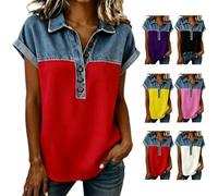 Women Fashion Lapel Collar Patchwork Button Down Henley Top Button Up V Neck Lapel Collar Casual Short (Red,M)