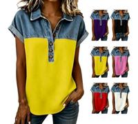 Women Fashion Lapel Collar Patchwork Button Down Henley Top Button Up V Neck Lapel Collar Casual Short (Yellow,S)