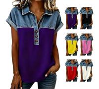 Women Fashion Lapel Collar Patchwork Button Down Henley Top Button Up V Neck Lapel Collar Casual Short (Purple,TTG)