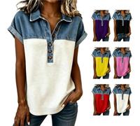 Women Fashion Lapel Collar Patchwork Button Down Henley Top Button Up V Neck Lapel Collar Casual Short (White,Grand)