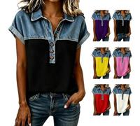 Women Fashion Lapel Collar Patchwork Button Down Henley Top Button Up V Neck Lapel Collar Casual Short (Black,M)