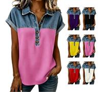 Women Fashion Lapel Collar Patchwork Button Down Henley Top Button Up V Neck Lapel Collar Casual Short (Pink,TG)