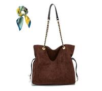 Women Faux Suede Slouchy Tote with Chain Strap,Retro Large Brown Shoulder Bags,Drawstring Fall Purse Crossbody Bag (Coffee)