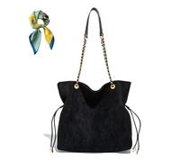 Women Faux Suede Slouchy Tote with Chain Strap,Retro Large Brown Shoulder Bags,Drawstring Fall Purse Crossbody Bag (Black)