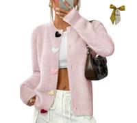 Women Heart Fuzzy Knit Cardigan Sweater,Crewneck Fuzzy Heart Button Down Cardigan,Cute Solid Long Sleeve Knit Top Outerwear (FR/ES, Alpha/Lettres, M, Taille Normale, Taille Normale, Pink)