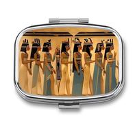 Women in Ancient Egypt Pilulier à 2 compartiments, pilulier portable avec miroir pour poche, sac à main, voyage, mini organisateur de médicaments en métal pour vitamines, huile de poisson