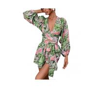 Women Jumpsuit Cut Out Deep V Neck Lantern Long Sleeved Belt Shorts Slim Fit Jumpsuit Green S
