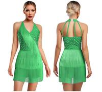 Women Latin Dance Leotard Jumpsuit Halter Sleeveless Rhinestones Layere Fringed Bodysuit Figure Skating Tango Salsa Jazz Costume(Green,3XL)