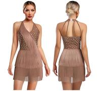 Women Latin Dance Leotard Jumpsuit Halter Sleeveless Rhinestones Layere Fringed Bodysuit Figure Skating Tango Salsa Jazz Costume(Coffee,L)