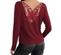 Women Long Sleeve Tops Ribbed Lace Back Solid Color Casual Shirt (Burgundy,TG)