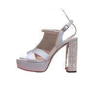 Women Open Toe Rhinestone High Heels Sandals Satin Waterproof Platform Sandalias Summer Party Dress Shoes Pumps Wedding(Color 01,37)