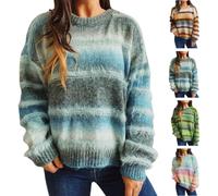 Women Oversized Fuzzy Gradient Striped Crew Neck Knit Pullover Sweater,Fall Winter Long Sleeve Casual Loose Jumper Tops