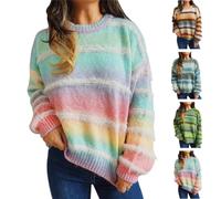 Women Oversized Fuzzy Gradient Striped Crew Neck Knit Pullover Sweater,Fall Winter Long Sleeve Casual Loose Jumper Tops