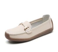 Women Penny Loafers Leather Low Heel Classic Handsewn Round Toe Slip on Casual Comfort Walking Office Work Fashion Driving Moccasins (Beige,39)