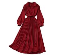 Women Pleated Long Dress Autumn Winter Red V-Neck Puff Long Sleeve High Waist Casual with Sashes (Color : B Size : One Size) (A One Size)